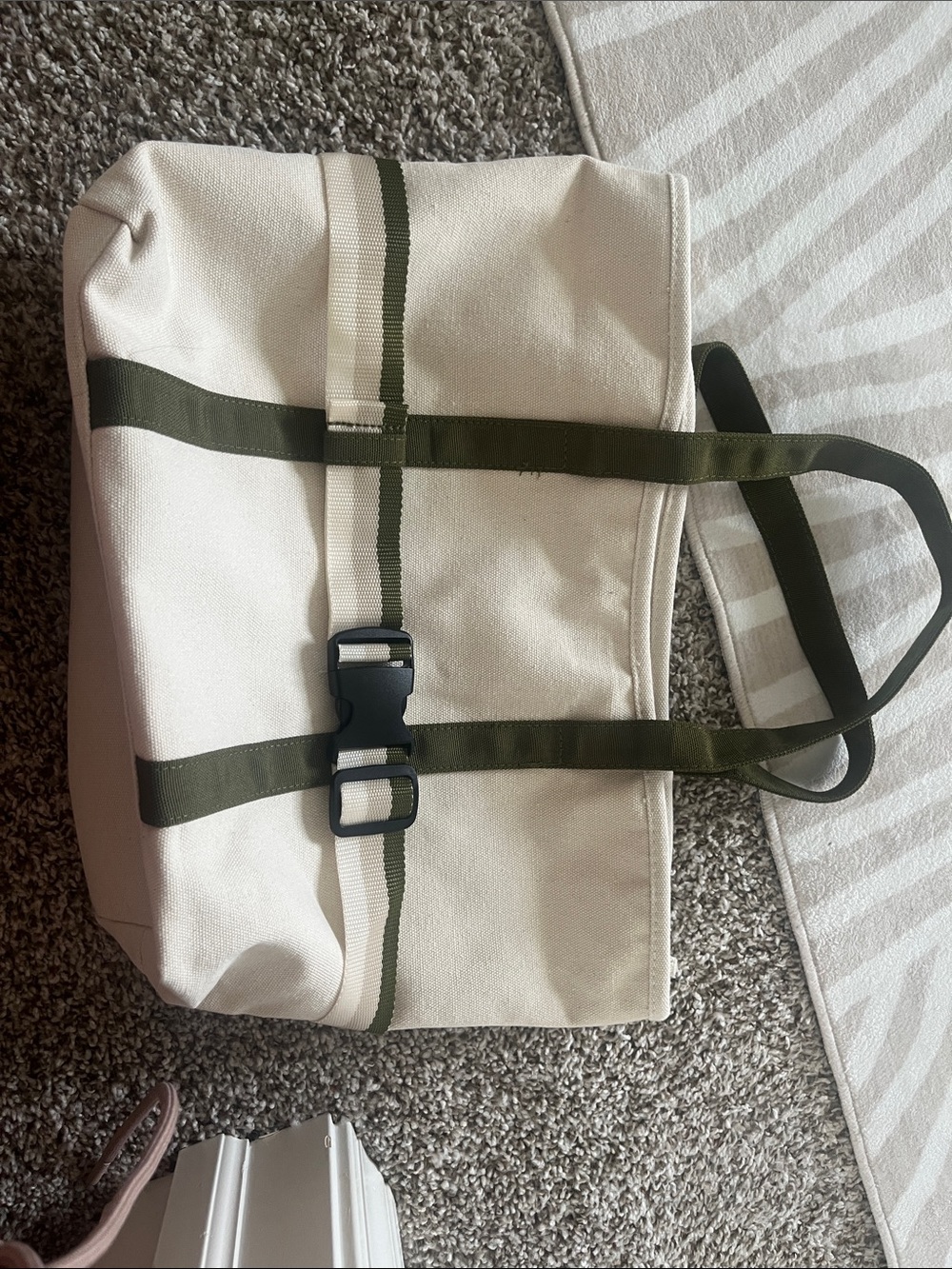 DSW Cream Canvas Tote with Olive Strap and Buckle